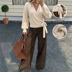 Ingvn - Women Wrap V Neck Knit Sweater Solid Color Tie Side Long Sleeve Lantern Sleeve Pullover