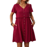 Ingvn Summer New Women's V-neck Short-sleeve Ruffle Hem Dress