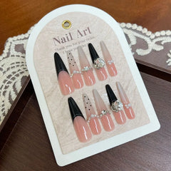 Ingvn 24pcs Nude Cat Eye Dot Black Fake Nails Rhinestone Artificial Stick-on Nails Cheap Extra Long French Press on Nails for Girls