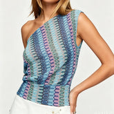 Ingvn Women Summer Off One Shoulder T-Shirts Y2k Striped Sheer Cinched Waist Slim Fit See Through Crop Tops Knit Tee Top