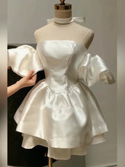 Ingvn French Style Elegant Puff Sleeve Sexy off-Shoulder Backless High Waist Slim Fit White Princess Birthday Party Dress Women Summer