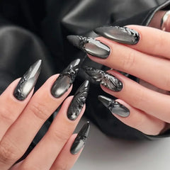 Ingvn 24Pcs Leopard Print Cat's Eye Nail Art Tip Long Almond Black Star Pattern Press on False Nails Pink Glitter Fake Nail Finished