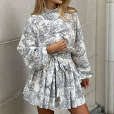 Ingvn Spring Women's Clothing Plus Size Dresses Slim High Waist Lantern Sleeve Dress For Woman Vintage Print Mandarin Collar Poly