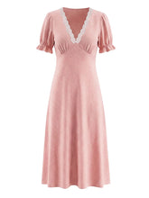 Ingvn Casual Yellow V Neck Lace Trim Dot Print Dresses for Women Short Sleeve Slimming Ruffle for French Vacation Style