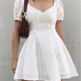 Ingvn Sweet White Embroidery Hole Stitching Lace Cross Lacing up Short Puff Sleeve Dress Woman French Mini Dresses Holiday Robe