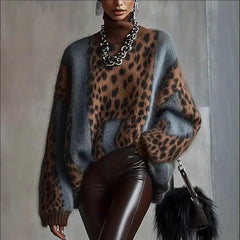 Ingvn Fashion Patchwork Leopard Print Sweater for Women Spring Autumn Turtleneck Long Sleeve Loose Knit Warm Pullover Jumper