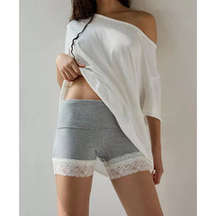 Ingvn Womens Slim Fit Elastic High Rise Foldover Waist Bottoms with Wide Floral Lace Trim Patchwork Athletic Yoga Shorts