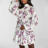Ingvn Spring Women's Clothing Plus Size Dresses Slim High Waist Lantern Sleeve Dress For Woman Vintage Print Mandarin Collar Poly