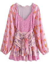 Ingvn Holiday Contrast Color Floral Print Lantern Sleeve Mini Dress Bow Sashes Ruched Pleated Waist Ruffles Hem Women Dresses Robe