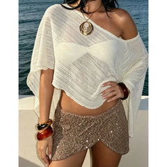 Ingvn Women's Knitted Bikini Cover-up See-through Solid Off One Shoulder Irregular Triangle Hem Loose Pullover Summer Beach Tops