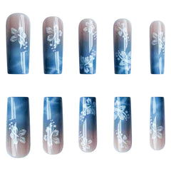 24pcs Y2k Summer Sea Blue Gradient Fake Nails With Water Ripples Designs Long Square Coffin False Nails Set Press On Nail Tips
