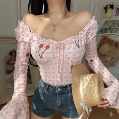 Ingvn Chenopod Original Spring Summer Elastic Lace Bell Sleeve Shirt French Style Slim Fit Polyester Fiber Long Sleeve Breathable S...