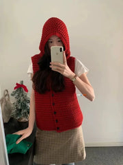 Ingvn - Women's High-End Chunky Hooded Knit Cardigan Vest Sleeveless Layering Sweater Coat Chic Coquette Trendy Vintage