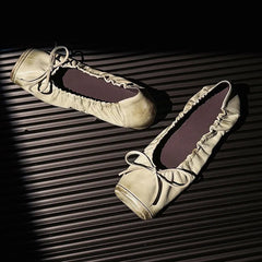 Ingvn - Ballet Style Fashion Square Toe Bowknot Stretch Women Pumps Cozy Soft Sole Leather Low Heeled Lazy Walking Loafers Casual Shoes