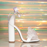 Ingvn Fashion White Satin Bowknot Mesh Pearls Women Gladiator Sandals Summer Comfortable Thick High heels String Bead Party Shoes