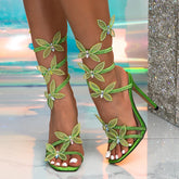 Ingvn Summer Fashion Crystal Butterfly Ankle Strap Sandals Women Wedding Banquet Shoes Sexy Square Toe Green High Heels Size 42