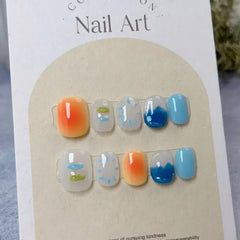 Ingvn 10pcs Handmade Summer Blue Press on Nails Glitter Design Short Round False Nails Aesthetic Finger Nails Set Short Nail Tips Art