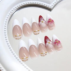 Ingvn 24pcs Cheap press on Nails White Sweet False Nails for Girls 3d Flower Almond Self-adhesive Fake Nail with Glue Glued Nails