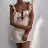 Ingvn Holiday Retro Mini Beach Dress for Women Summer New Fashion Sexy Ruffled Strap Dress Women Hollow Out Short Dress Vestidos