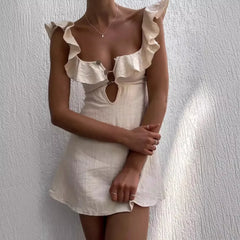Ingvn Holiday Retro Mini Beach Dress for Women Summer New Fashion Sexy Ruffled Strap Dress Women Hollow Out Short Dress Vestidos
