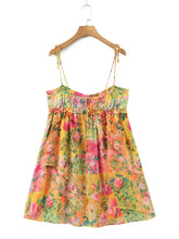 Ingvn Women Bow Lacing up Sling Robe Holiday BOHO Ruched Chest Orange Flower Print Spaghetti Strap Mini Dress