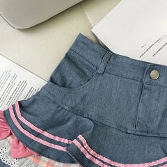 Ingvn Preppy Style Lolita Kawaii Skirts Japanese Sweet Mini Women Harajuku Cute Ball Denim Y2K High Waist Lace Cake Skirts
