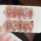 Ingvn 10Pcs Handmade Press on Nails Long Ballet Blue Fake Nails with 3D Ocean Moon Rhinestone Design False Nails Full Cover Nail Tips