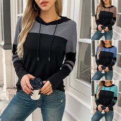 Ingvn - European And American Spring Autumn New Style Casual Hooded Sweatshirt For Women Fashionable Color Block Patchwork Pullover Top