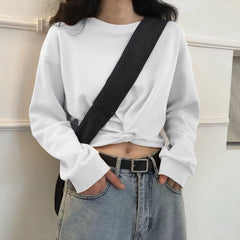 Ingvn - Women Irregular Twist Cropped Sweatshirt Spring Autumn Thin Long Sleeve Crew Neck Y2K Crop Top