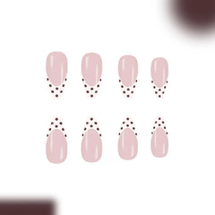 Ingvn 24pcs Medium Short Press on Nails White French Coffee Brown Dots False Nails Woman Almond Nail Tips Finger Nails with Tools