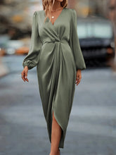 Ingvn New Elegant Cross Collar Pleated Slit Puff Sleeve Irregular Long Sleeve Dress for Women