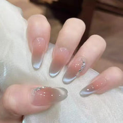 Ingvn 24Pcs Shiny Cat's Eye Pink Full Cover Nail Tips Art Finished Finger False Nails with Diamond Wearable Almond Press on Fake Nails