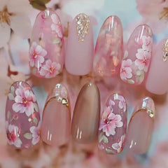 Ingvn 24Pcs Shiny Pink Cat's Eye Full Cover Nail Tips Fashion French Peach Blossom Design False Nails Almond Detachable Press on Nails