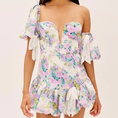 Ingvn Sexy Short Lantern sleeve One Shoulder Party Dresses Retro Women Spliced Bow Bandage Floral Print Mini Dress