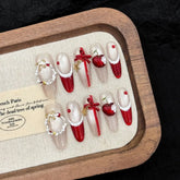 Ingvn 10pcs Christmas Finger Nails Press on With Tools Red Cat Eye French False Nails Aesthetic 3D Bow Long Almond Fake Press on Nails