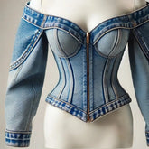 Ingvn Y2k Denim Top Women Elegant Off The Shoulder Zip Up Cardigan Short Slim Fit Long Sleeve Shirt Female Blouse Jacket