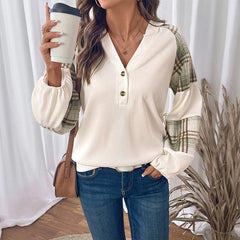 Ingvn - Women Hooded Sweatshirt Plaid Splicing Long Sleeve V Neck Button Pullover Lazy Texture Casual Top