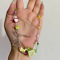 Ingvn Summer Colored Beaded Bow Flower chkoer Necklace for Girls' Aesthetic Party Jewelry y2k