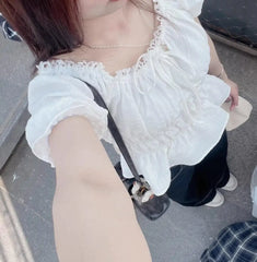 Ingvn French Style Retro White Short Puff Sleeve Shirt Women Ruched Elastic Slim Waist Summer Crop Tops