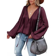 Ingvn Plus Size 1XL-5XL Fashion Long Sleeve V Neck Office Casual Shirt Women Elegant Simple Loose Blouse Lady Pleated Solid Color Top