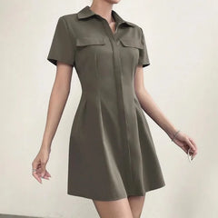 Ingvn Women's Lapel Collar Pleated Waist Short Sleeve Shirt Dress Casual Solid Mini Dress