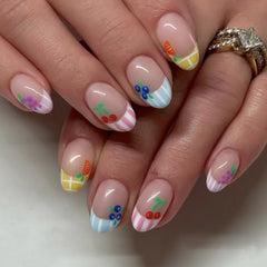 Ingvn 24pcs Women Cute Cartoon Fruit Press on Nails with Tools Beach Short Round Fake Nail for Girls French False Nails with Glue