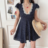 Ingvn Chenopod Spring Summer Lace V-neck Bubble Sleeve Polka Dot Waist-cinching Holiday Dress Short A-line Skirt French Style Polye...