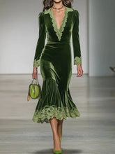 Ingvn - Autumn Winter Velvet Dress for Women Solid Long Sleeves V Neck Lace Trim Maxi Dress Elegant Mermaid Skirt Party Evening Dresses
