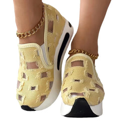 Ingvn Women's Vulcanize Shoes Sneakers Women Slip on Casual Comfy Heeled Shoes Hole-patterned Canvas Mesh Sports Inside-heeled Sandals