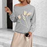 Ingvn - European American New Autumn Winter Women Sweatshirt 3d Floral Design Long Sleeve Off Shoulder Loose Casual Versatile Pullover