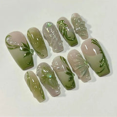 Ingvn 24pcs Press on Nails with Design Green 3d Gradient French False Nails with Charms Fashion Nail Tips Removable Sticky Nails