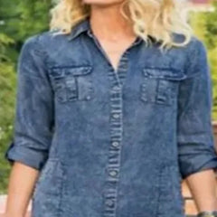 Ingvn Women's Summer Solid Color Casual Pocket Denim Long Dress Fashionable Flip Collar Button Long Sleeve Denim Loose Long Dress