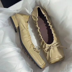 Ingvn - Ballet Style Fashion Square Toe Bowknot Stretch Women Pumps Cozy Soft Sole Leather Low Heeled Lazy Walking Loafers Casual Shoes