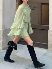 Ingvn Solid Minimalist Mini Dresses For Women Round Neck Long Sleeve High Waist Elegant Dress Female Fashion New Style